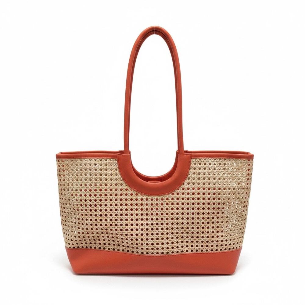 Shiraleah Lyra Tote Bag Orange Woven Cane Straw Vegan Leather Large Beach NWT
